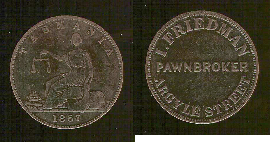 Australian token I. Friedman Argyle Street Tasmania Penny  1857